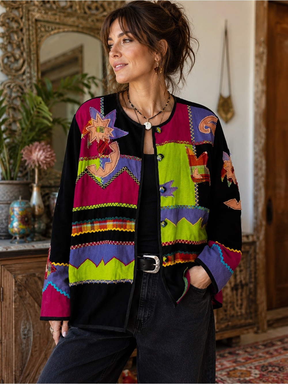 Vintage Allure Patchwork Appliqué Art Jacket Size L Cotton Rayon Flax